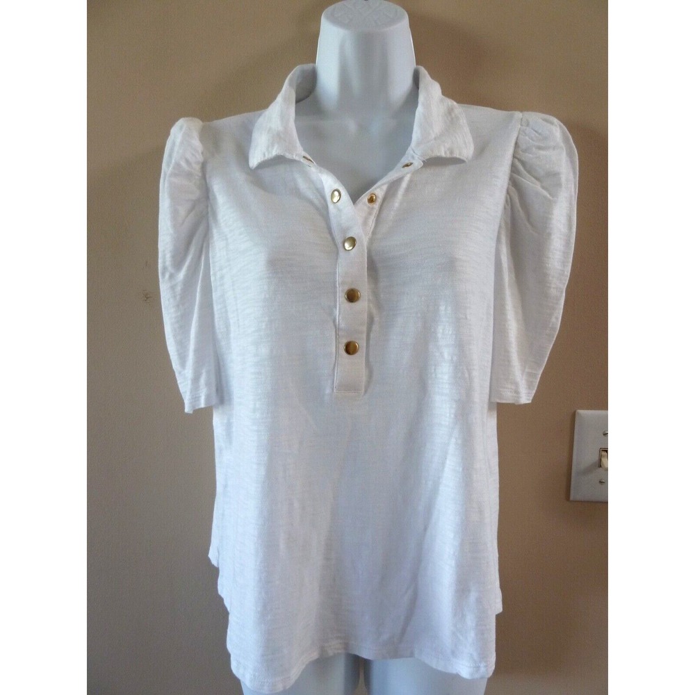 Chico's White Ruched Puff Sleeve Half Snap Collared Blouse Top Size 1 Med 8/10